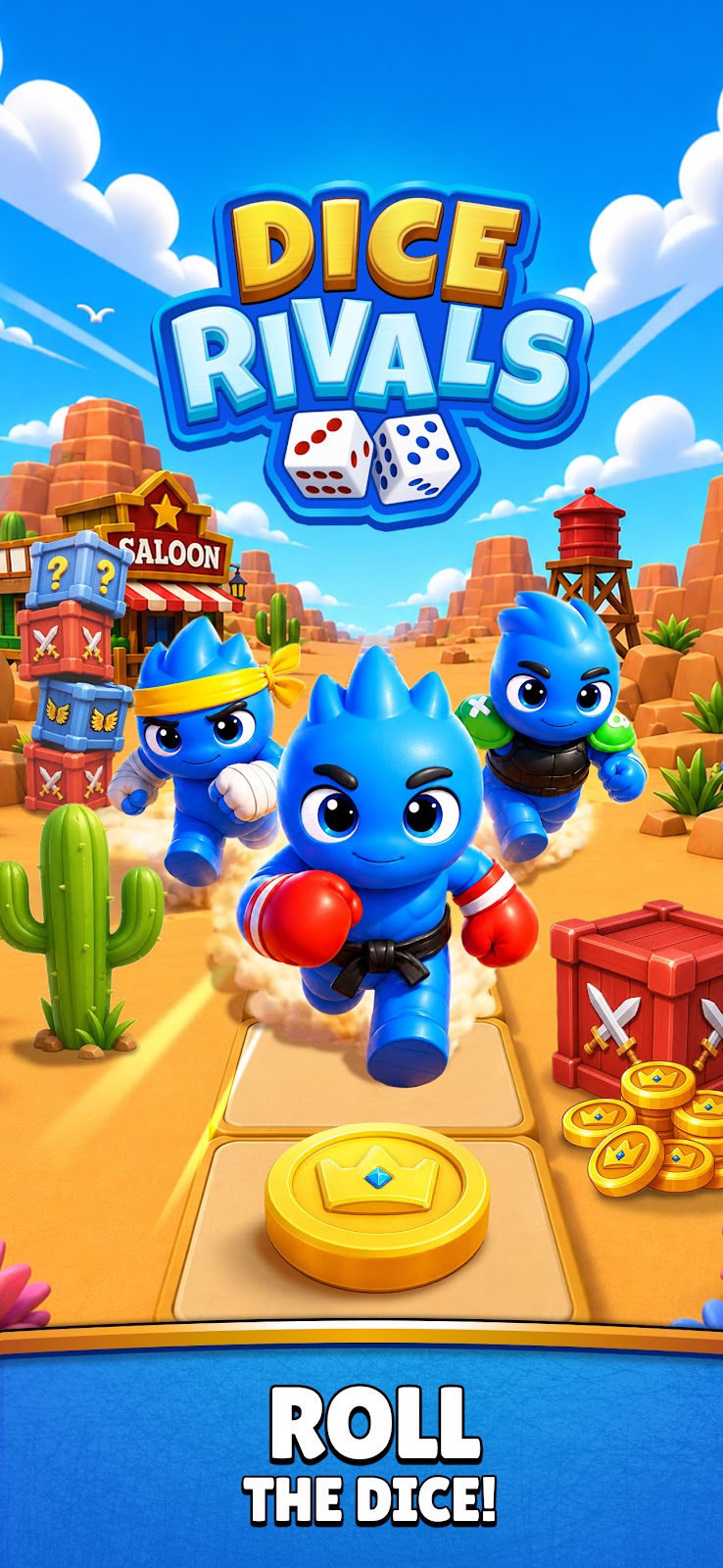 Dice Rivals — blue heroes racing across a desert game board